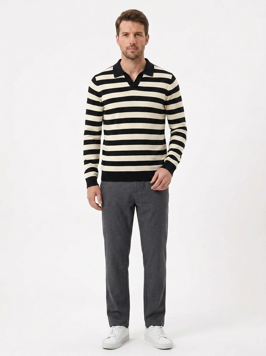 The Retro Knit Polo — Striped Lapel